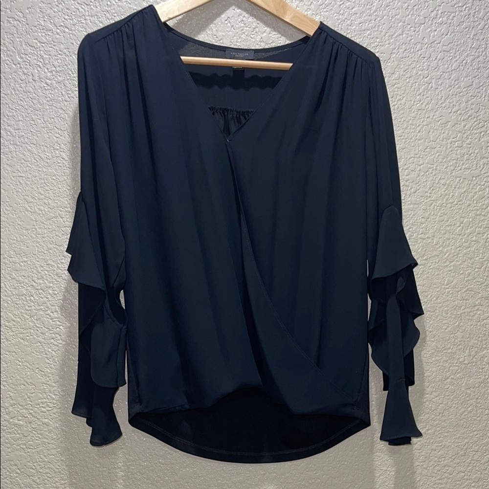Ann Taylor Black Flutter Sleeve Asymmetrical Blouse